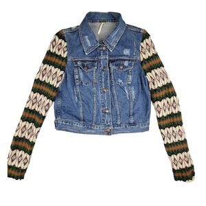 Free People Jacket Cypress Farm Denim  with Patch and Wool Knit Sleeves Size SP